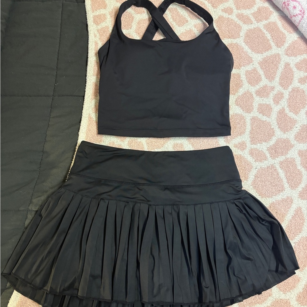 Black Tank Skirt Set with Pleats